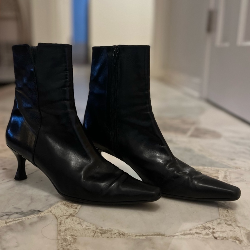 Stuart Weitzman booties. Leather, side zip, pointed toe. Kitten heel bootie.